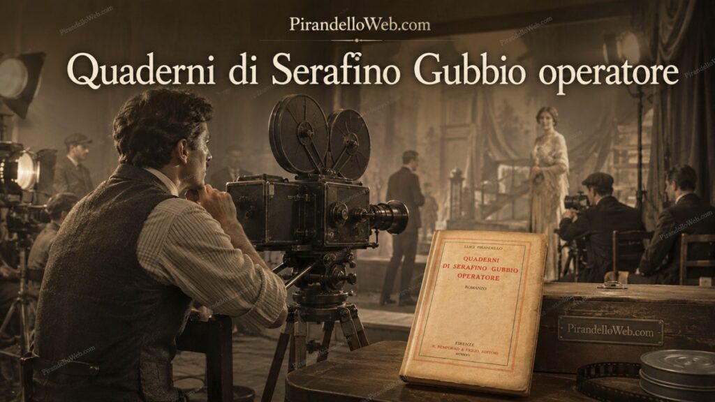 Quaderni di Serafino Gubbio operatore di Luigi Pirandello con Serafino sul set cinematografico e la copertina della prima edizione del 1925