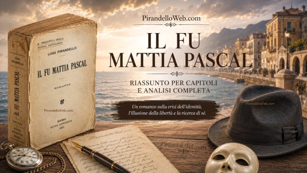 Prima edizione de Il fu Mattia Pascal di Luigi Pirandello accanto a maschera teatrale, cappello e manoscritti in una scena ispirata al romanzo.